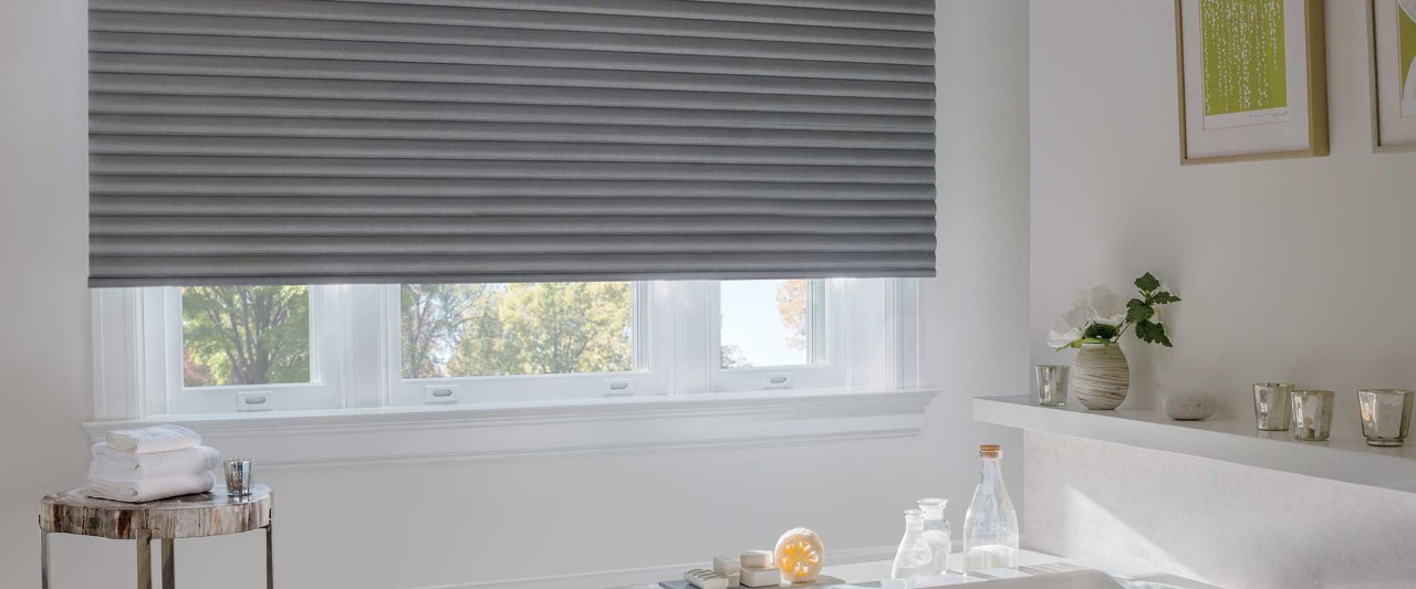 Contemporary bathroom with grey Sonnette cellular shades.